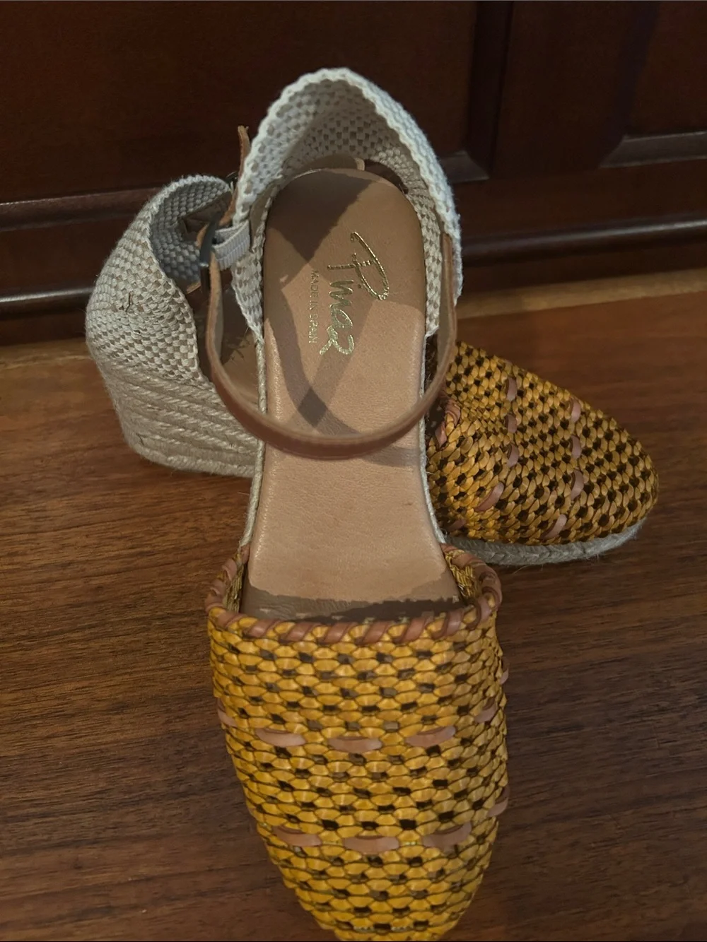 Woven Leather Espadrille Wedges in Mustard Yellow with Ankle Strap